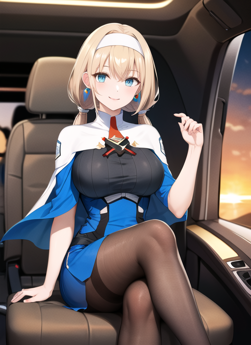 00132-583191978-side slit, (grey pantyhose_1.1), smile, car interior, sunset, sitting, crossed legs,, masterpiece, best quality, highres, 1girl,.png